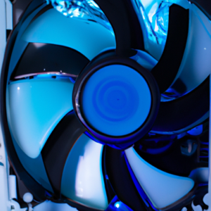 A close up of a PC fan surrounded by a blue liquid.