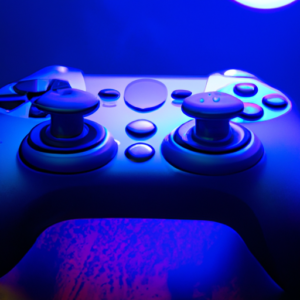 A gaming controller surrounded by a bright blue glow.