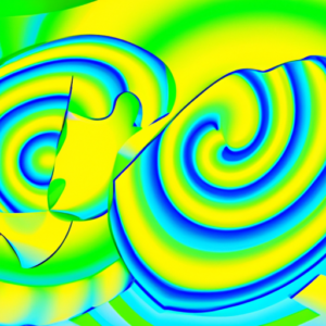 A brightly-colored abstract image with curved shapes in shades of blue, green, and yellow.