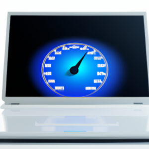 A blue and white laptop with a speedometer icon on the screen.