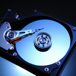 A metallic hard drive with a bright blue light emanating from the center.
