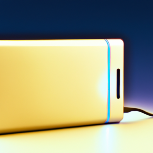 A close-up of a shining power bank with a blue and yellow gradient background.