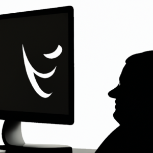 A computer with a silhouette of a person in the background, looking at their monitor with a satisfied expression.