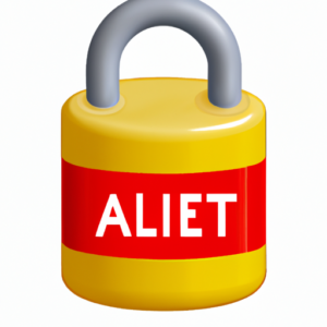 A yellow padlock with a red alert sign in the center.