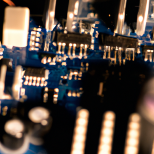 A close-up of a computer motherboard with illuminated LED lights and various chips.