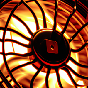 A close-up of a computer fan with heat radiating around it.