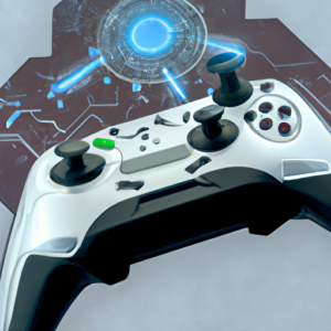 A futuristic gaming controller hovering above a circuit board.