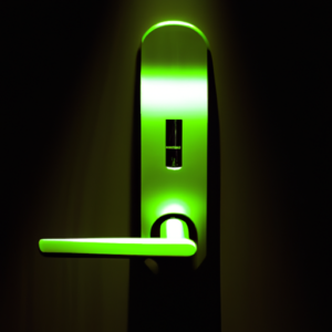 A close-up of a modern door lock with a glowing green light.