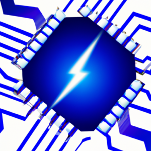 A blue CPU chip with a lightning bolt going through it.