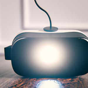 A virtual reality headset with a glowing light emanating from the lenses.