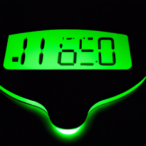 A digital scale with a glowing green light.