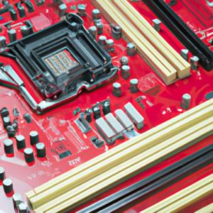 A close-up of a computer motherboard with RAM slots highlighted.