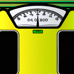 A digital scale with a green and yellow striped background.