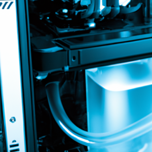 A blue-tinted image of a computer with a water cooling system connected to it.