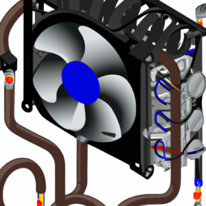 An illustration of a computer cooling system, featuring various components, such as a radiator, pump, and tubing.