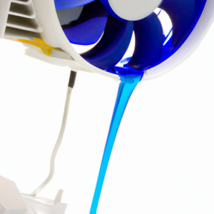 A blue liquid being poured into a computer fan.
