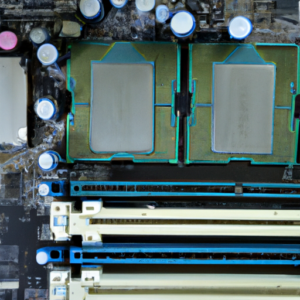 A close-up of a computer motherboard with various RAM chips.