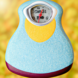 A bathroom scale with a blue digital readout and a bright yellow background.